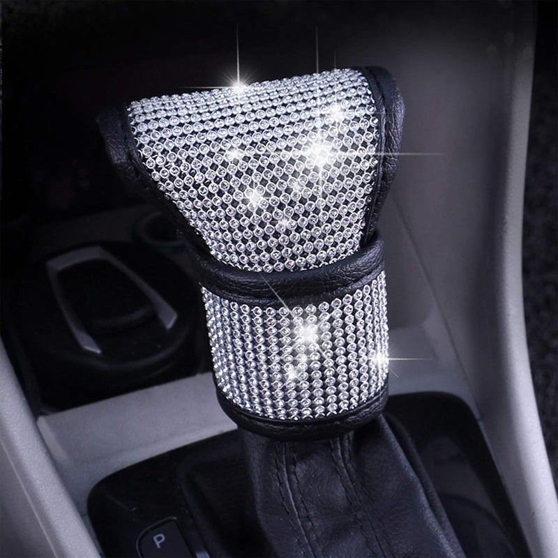 SPANICE Bling Bling Auto Shift Gear Cover, Leather Auto Gear Shift Knob Cover with Crystal Glitter Bling Rhinestones for Girls,Lady Universal Fit (White) - Image 2